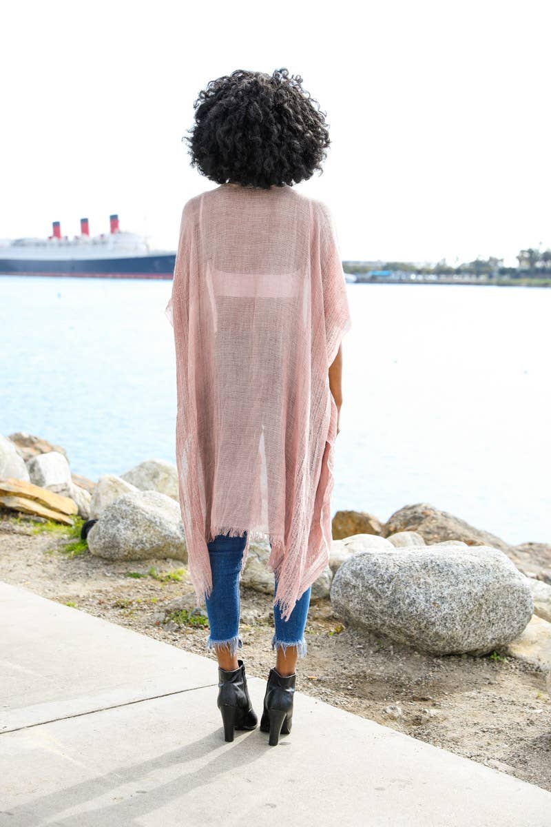 Spring Sequin Border Frayed Trim Kimono: Copper