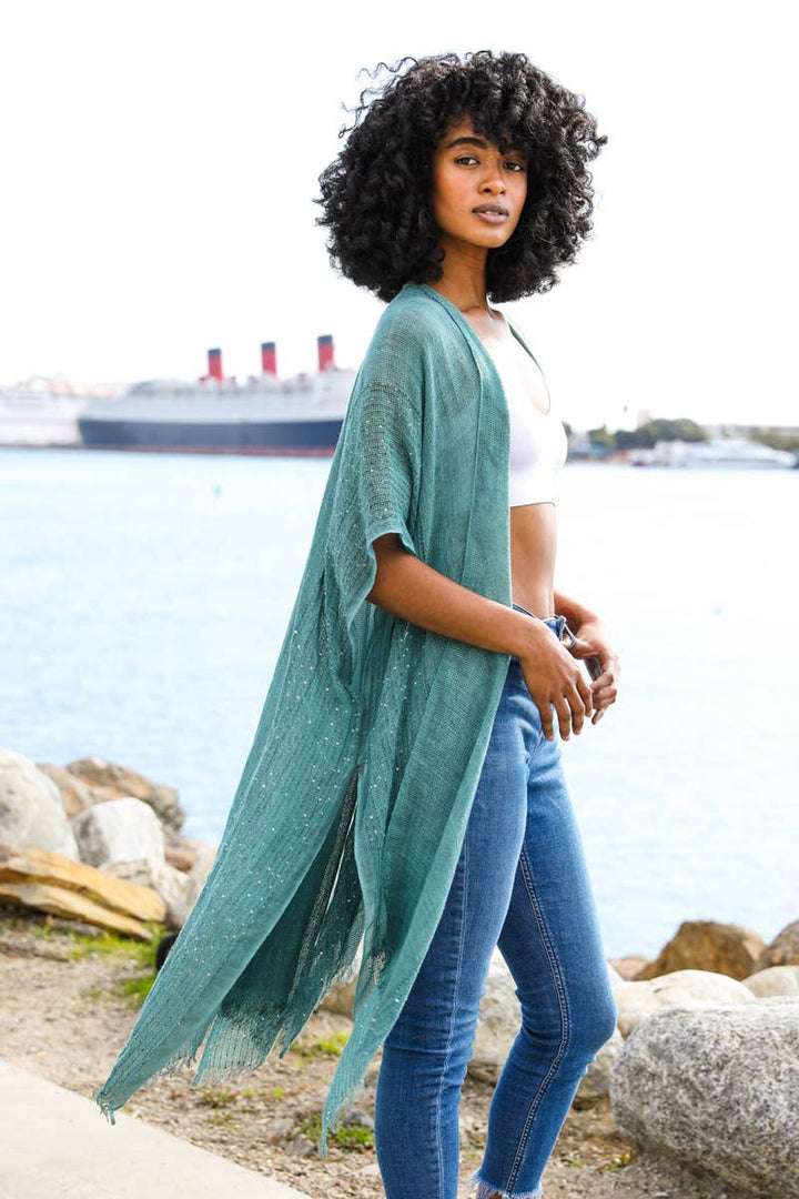 Spring Sequin Border Frayed Trim Kimono: Teal