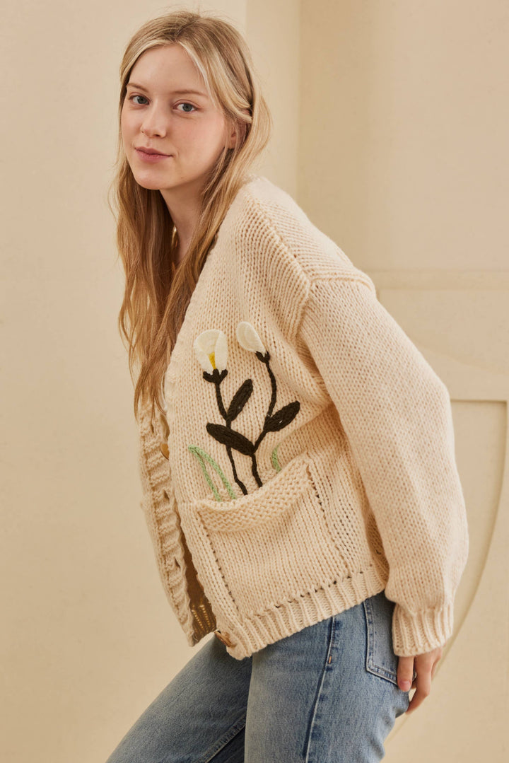 Cozy Bloom Embroidered Knit Cardigan