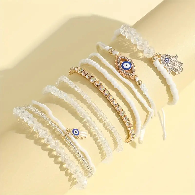 Boho beaded Evil Eye bracelet stack set, white