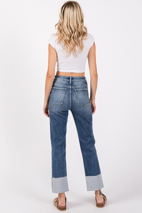 HIGH RISE STRETCH SLIM STRAIGHT W/ CUFFED HEM