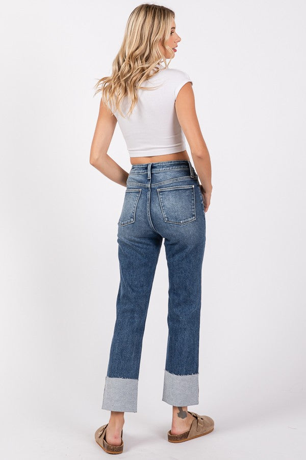 HIGH RISE STRETCH SLIM STRAIGHT W/ CUFFED HEM