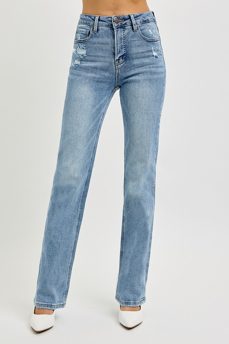 Risen Tummy Control High Rise Straight Distressed Jeans