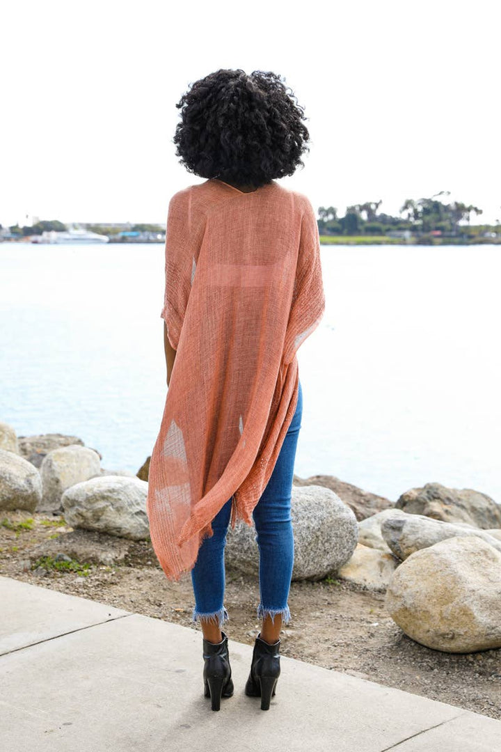 Spring Sequin Border Frayed Trim Kimono: Copper