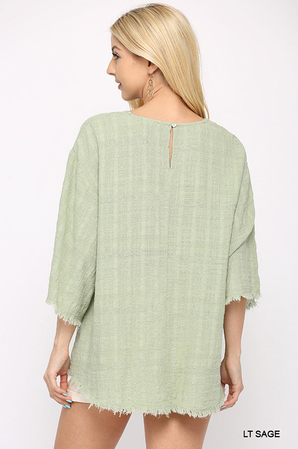 Short 3/4 Sleeve Woven V-Neck with Frayed Hem - 22 Palms Boutique