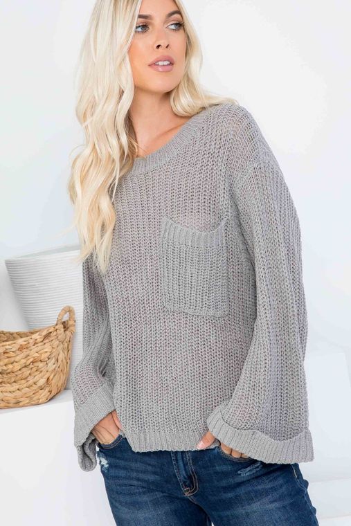 Breezy Days Sweater with Pocket and Cuffed Bell Sleeves in Grey - 22 Palms Boutique