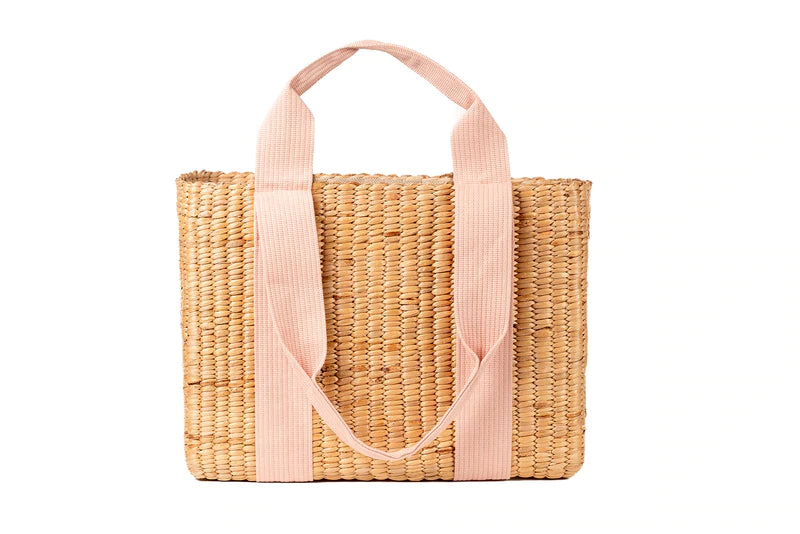 Brooks Rectangular Natural Seagrass Tote in Blue and Blush - 22 Palms Boutique